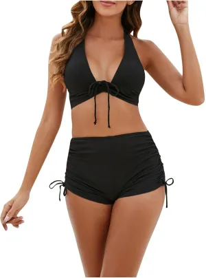 Women's Summer Sexy Bikini Sets Push Up Tie Back Bra with Boyshorts Swim Suits Summer Beach Swimwear