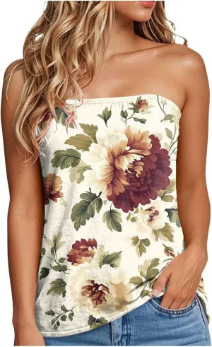 Womens Tube Tops Summer Strapless Bandeau Tank Casual Loose Tunic Sleeveless Shirts Off The Shoulder Flowy Blouses