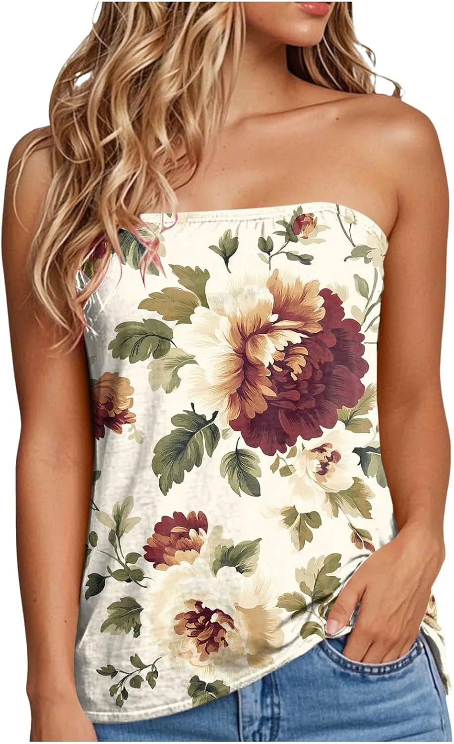 Womens Tube Tops Summer Strapless Bandeau Tank Casual Loose Tunic Sleeveless Shirts Off The Shoulder Flowy Blouses