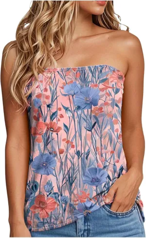 Womens Tube Tops Summer Strapless Bandeau Tank Casual Loose Tunic Sleeveless Shirts Off The Shoulder Flowy Blouses