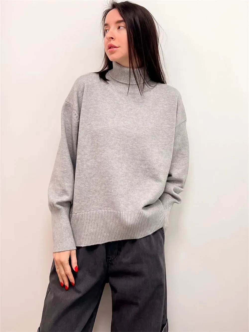 Women's Turtleneck Loose Oversize Sweater Knitted Top Long Sleeve Pullovers Jumpers