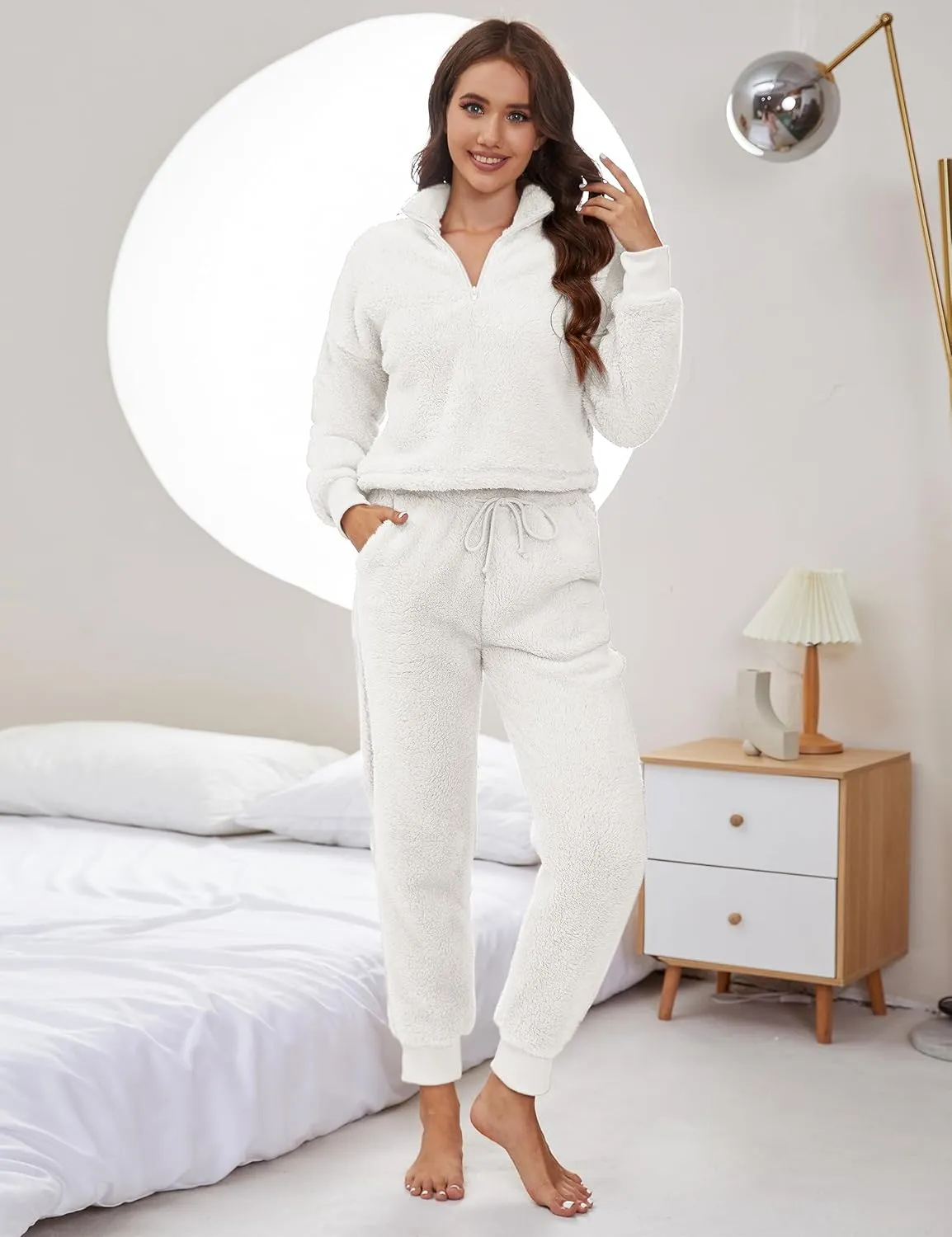 Womens Winter Pajamas Sets Soft Comfy Fleece Pullover Sherpa Pants Fuzzy 2 Piece Pjs Set Cute Warm Loungewear