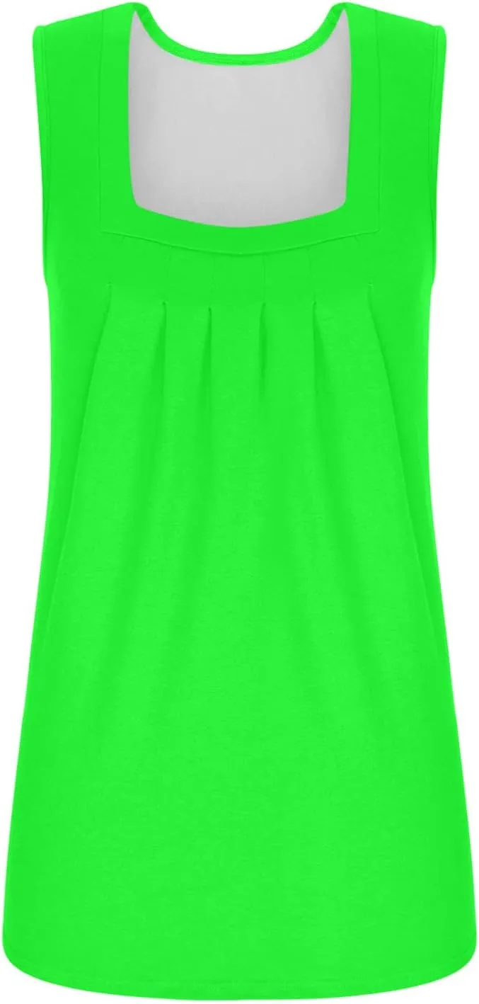 Womne's Summer Sleeveless Square Neck Tank Tops, Flowy Pleated Tunic Shirts for Women, Ladies Loose Fit Tshirt