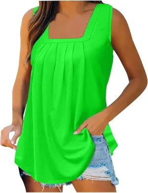 Womne's Summer Sleeveless Square Neck Tank Tops, Flowy Pleated Tunic Shirts for Women, Ladies Loose Fit Tshirt