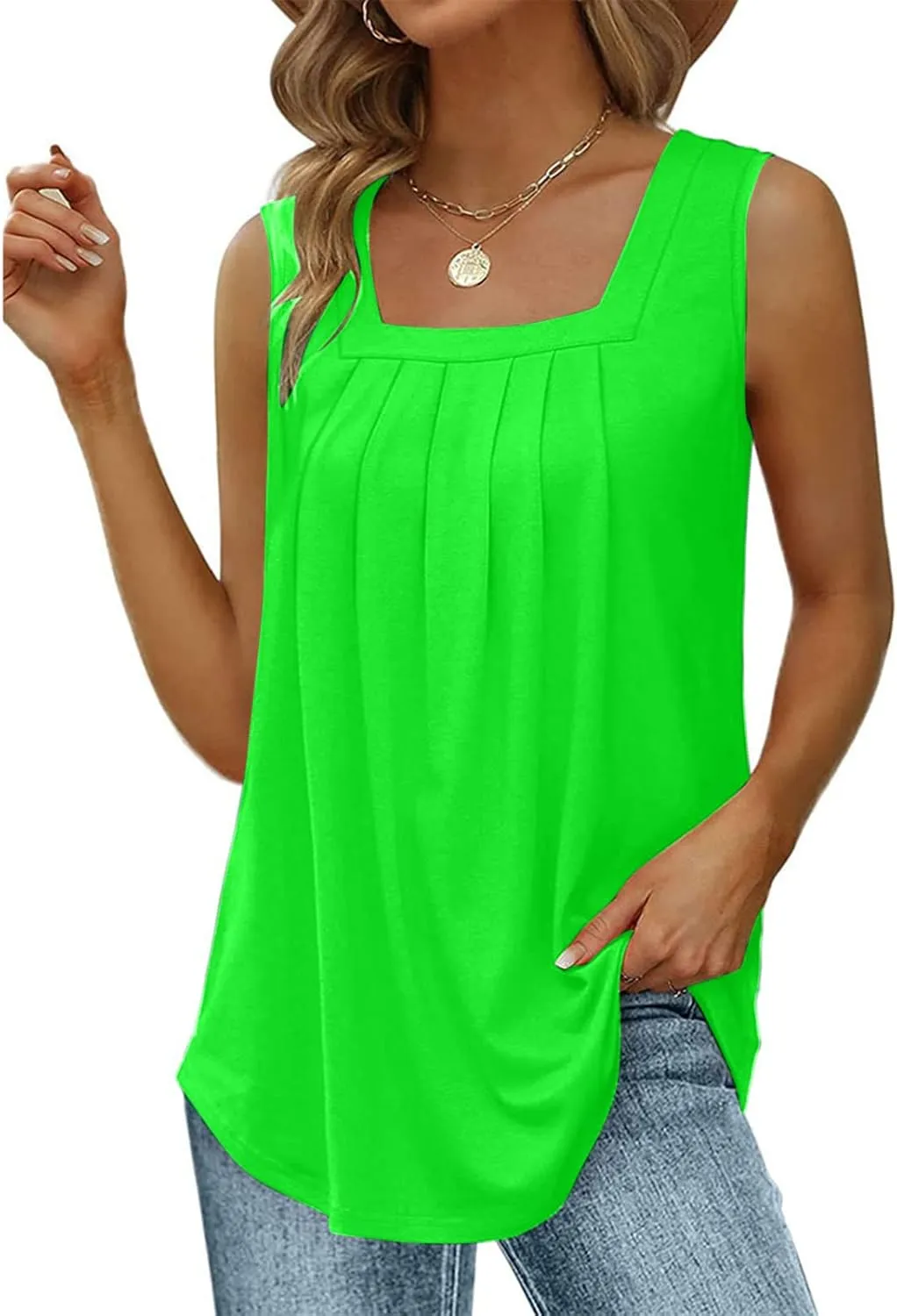 Womne's Summer Sleeveless Square Neck Tank Tops, Flowy Pleated Tunic Shirts for Women, Ladies Loose Fit Tshirt