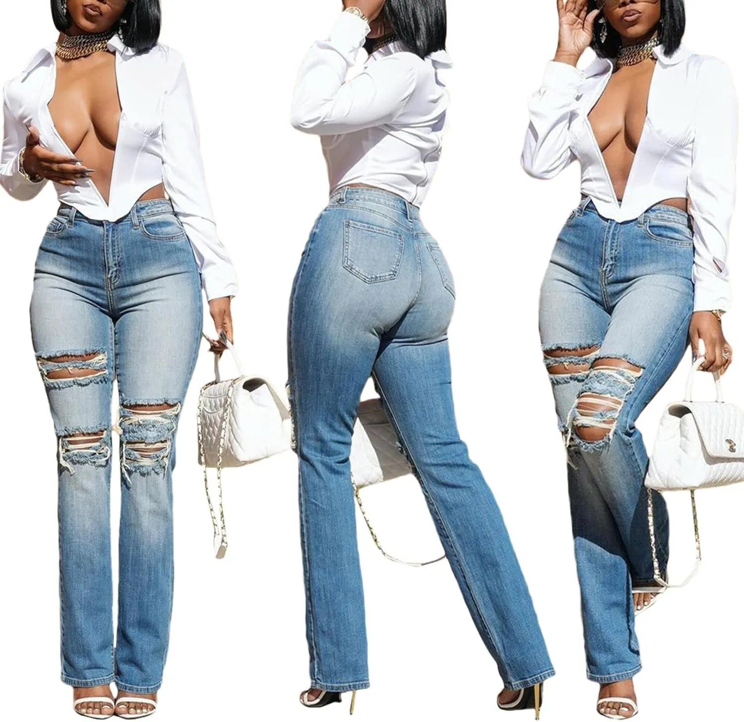 YOOTIKO Womens Skinny Ripped Jeans Y2k High Waisted Butt Lifting Distressed Stretch Denim Pants