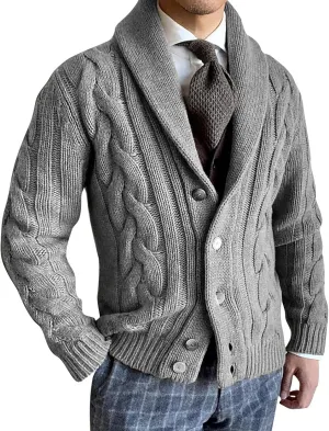 ZYXTIM Mens Shawl Collar Cable Knit Cardigan Sweater Chunky Button Down Open Front Casual Jackets Travel Holiday Lounge Coats