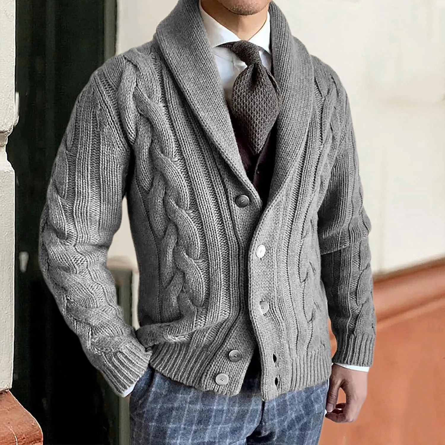 ZYXTIM Mens Shawl Collar Cable Knit Cardigan Sweater Chunky Button Down Open Front Casual Jackets Travel Holiday Lounge Coats