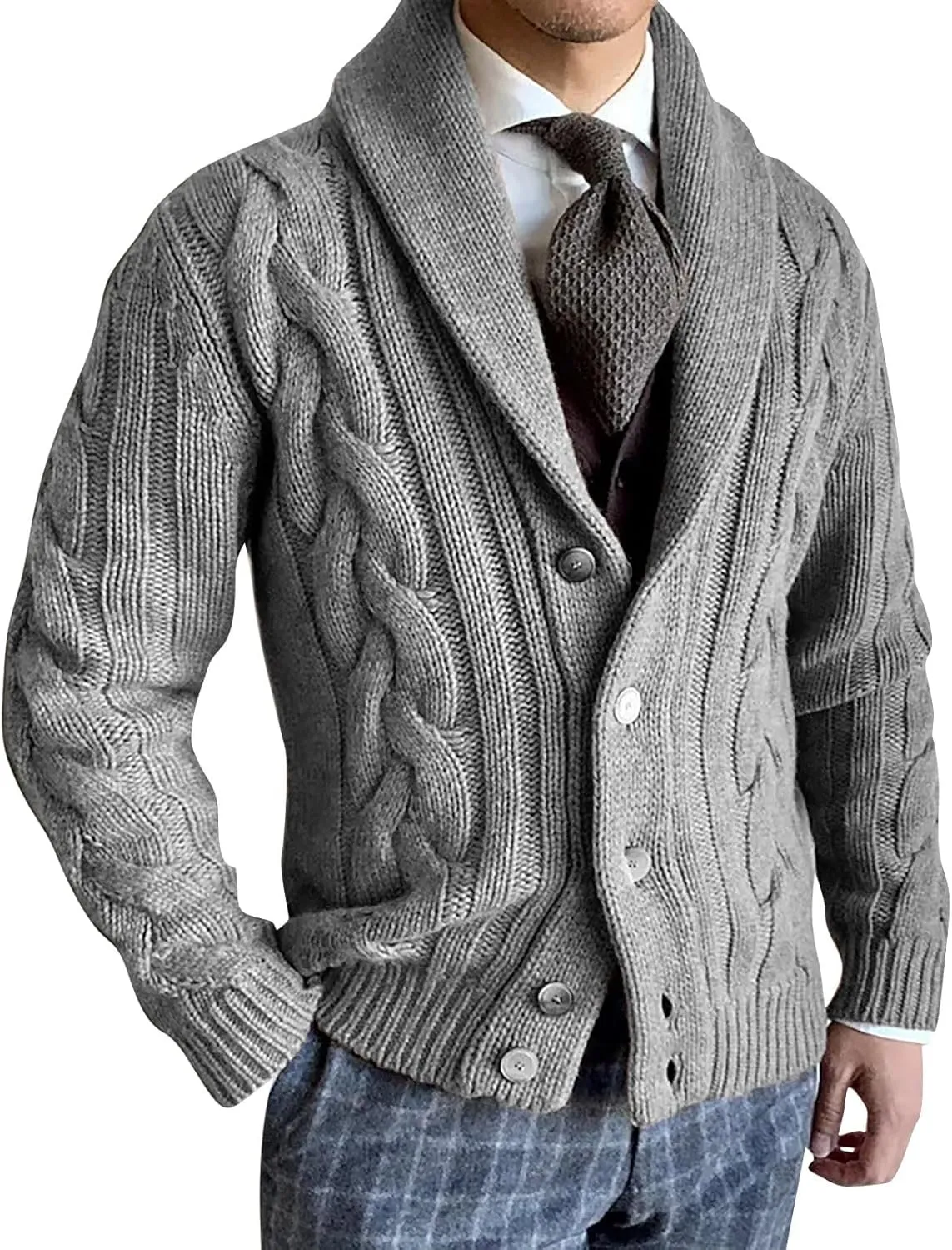 ZYXTIM Mens Shawl Collar Cable Knit Cardigan Sweater Chunky Button Down Open Front Casual Jackets Travel Holiday Lounge Coats